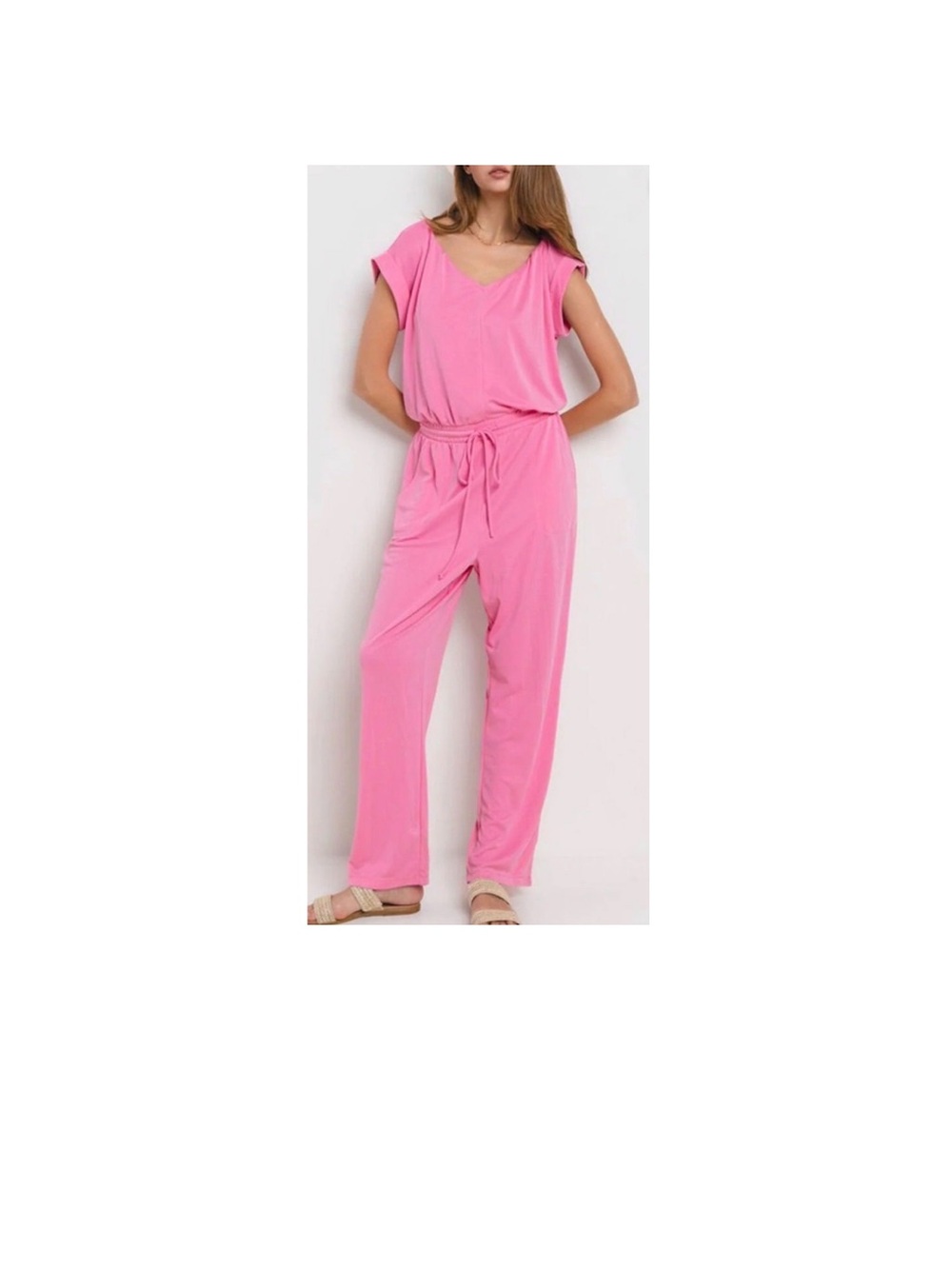 Ces Femme Bright Pink V-Neck Drawstring Jumpsuit